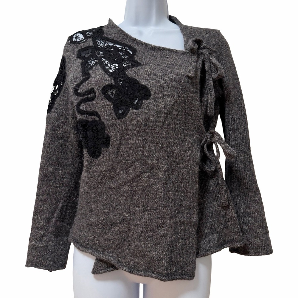 Anthropologie Moth Lace Wool Linen Blend Side Wrap Tie Cardigan Size M Gray Boho